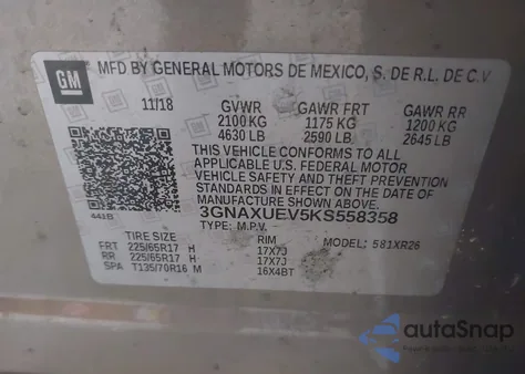 2019 Chevrolet Equinox Lt из США, поврежденный, VIN 3GNAXUEV5KS558358